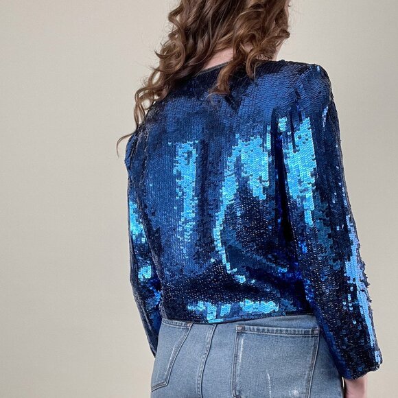 Vintage 100% Silk Sequin Beaded Starburst Long Sleeve Blazer Jacket Cardigan Top - Picture 3 of 7